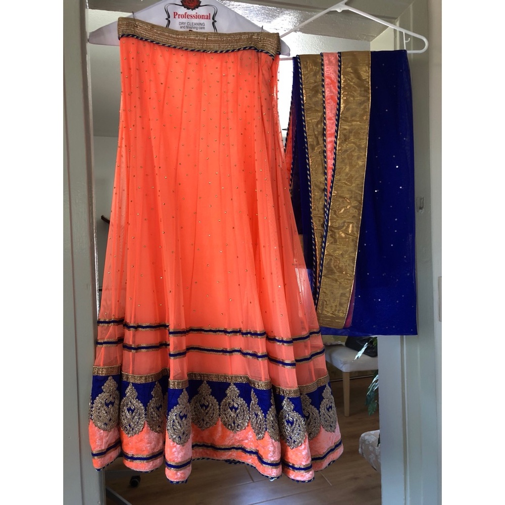 Neon coral lehenga/lengha and dupatta